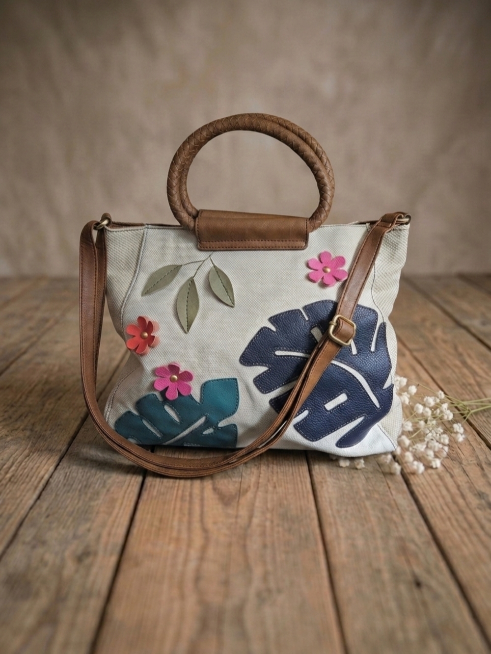 Relic Canvas And Leather Tote Floral Leaf 3D Applique Boho Tropical Handbag